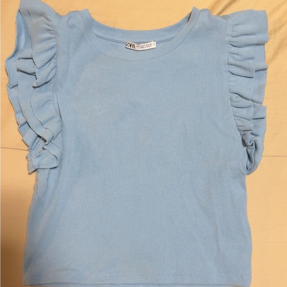 Zara Sky Blue Ruffle Sleeve Crop Top - Picture 1 of 4